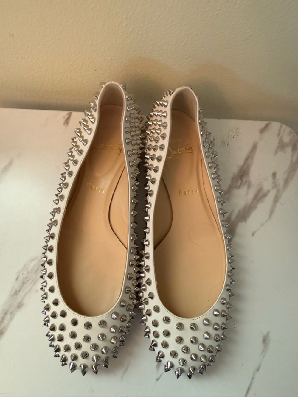 Christian Louboutin White Spike-Studded Ballet Flats, EUC, Size 39 - Picture 5 of 13